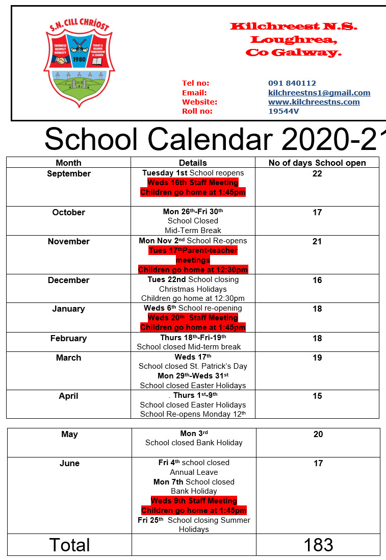 School Calendar Kilchreest National School